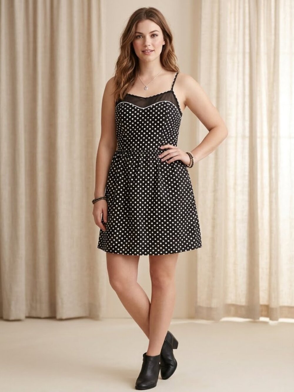 Xhilaration Black Polka Dot Lace Trim Mini Dress